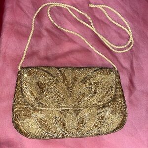 Vintage 1970s Gold Preston and York Evening Bag. 100% glass beads